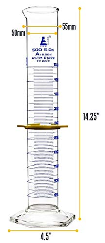 Graduated Cylinder, 500mL - ASTM, Class A Tolerance ±2.00mL - Protective Collar, Hexagonal Base - Blue Graduations - Borosilicate 3.3 Glass - Eisco Labs - size: 500mL