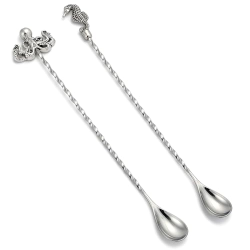 Homestia 12'' Bar Spoon, 2 Pcs Cocktail Spoon with Octopus Seahorse Decor - color: 2PCS SeaHorse + Octopus + Silver