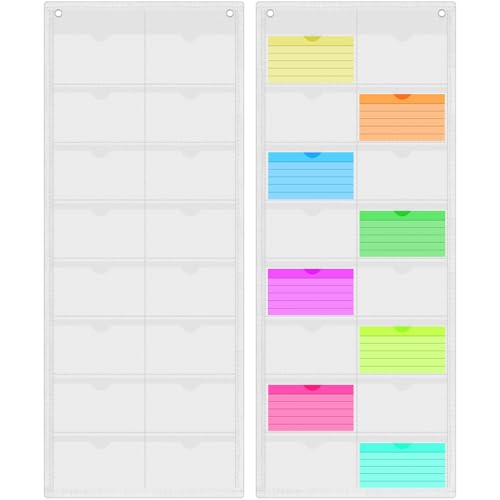 AmazingSpark 2 Pack 3'' x 5'' Index Card Holder Sleeve 16 Slot Plastic Organizer Hanging Wall Mount Business Note Cardholder PVC Clear Organizer Pocket for Classroom Office Library Home (White) - color: White
