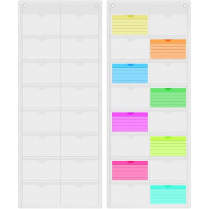AmazingSpark 2 Pack 3'' x 5'' Index Card Holder Sleeve 16 Slot Plastic Organizer Hanging Wall Mount Business Note Cardholder PVC Clear Organizer Pocket for Classroom Office Library Home (White) - color: White