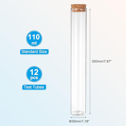 PATIKIL 110ml Test Tubes, 12pcs 7.87x1.18 Glass Clear Flat Bottom Test Tube Containers with Cork Stopper for Bead Party Candy Bath Salt Storage Scientific Experiment Plant Propagation - size: 110ml