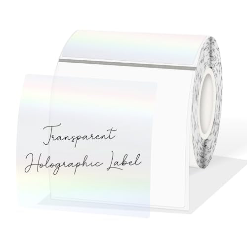 3 Inch Square Transparent Thermal Label Stickers, Holographic Clear Self-Adhesive Direct Thermal Labels, Perforation Line Design& Waterproof- 200 Sheets - size: square-3 inch