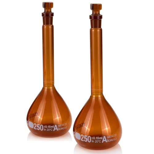 250 ml Volumetric Flask,Amber,3.3Borosilicate Glass,Class A,NS14/23 Glass Stopper,Laboratory Project (Pack of 2) - color: Amber, size: 250ml