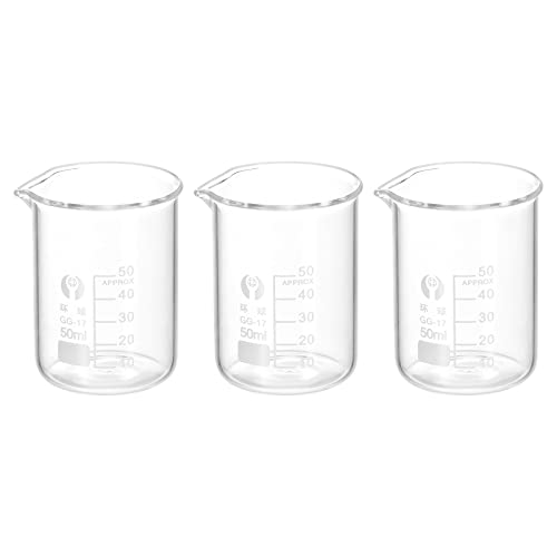 PATIKIL 3Pcs 50ml Low Form Glass Beaker, 3.3 Borosilicate Glass Graduated Printed Scale Measuring Cups with Spout for Kitchen Lab Liquids - size: 50ml