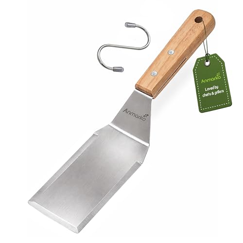Anmarko Professional Metal Spatula with Wooden Handle, Stainless Steel Griddle Scraper, Commercial Grade Pancake Flipper - color: WH 1pc Small