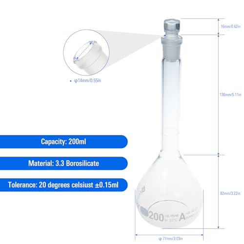 2PCS 200ML Volumetric Flask, Class A, Glass Stopper for Laboratory - color: Clear Glass, size: 200ML