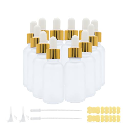 12 Pack,Clear Frosted Glass Dropper Bottle for Essential Oils,Empty Glass Liquid Holder With Glass Eye Dropper,Golden Caps Travel Perfume Cosmetic Container-Pipette&Funnel included (30ml/1oz) - color: Clear Frosted, size: 1 Ounces