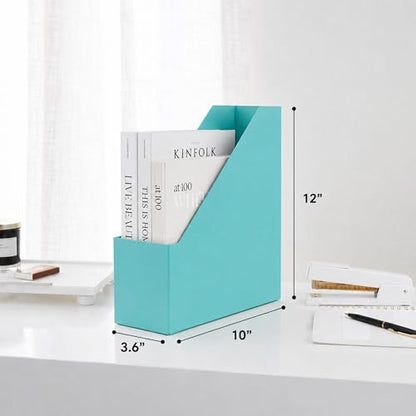 BLU MONACO Set of 6 Aqua Magazine File Holders | Foldable Magazine Storage Boxes with White Leather Label Holders | Vertical File Organizer for Desk, Shelves & Home Office - color: Aqua