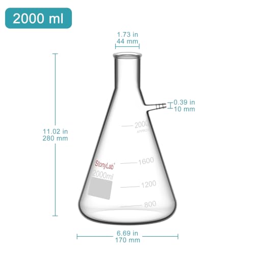 StonyLab 2000ml Borosilicate Glass Filtering Flask, Bolt Neck with Tubulation, 2L (2 Liter) - size: 2000 ml