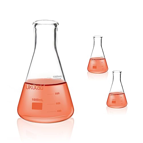 Conical Flask Set Glass Erlenmeyer Flasks, 2pcs of Vol.1000ml, Borosilicate 3.3 Glass Material with Printed Graduation, EFNG1000A2 - style: Vol.1000ml, pack of 2