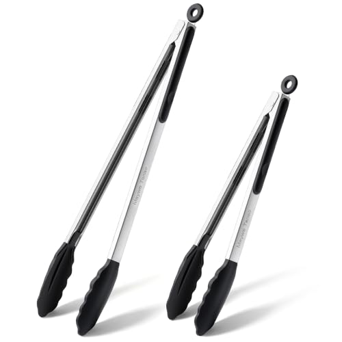 17 & 12 Inch Extra Long Kitchen Tongs for Cooking with Silicone Tip, Black - color: 12" +17"-Black