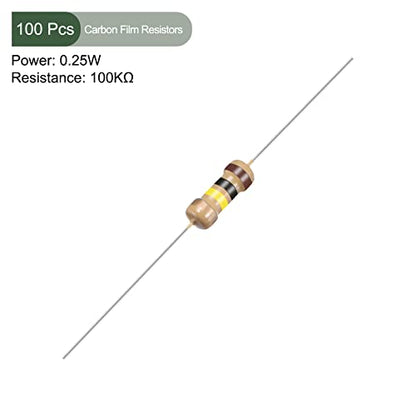 YOKIVE 100 PCS Carbon Film Resistors, 1/4W 100K Ohm 5% Tolerances Resistor, Good for DIY Electronic Projects (4 Color Band, 1.77x0.09-Inch)