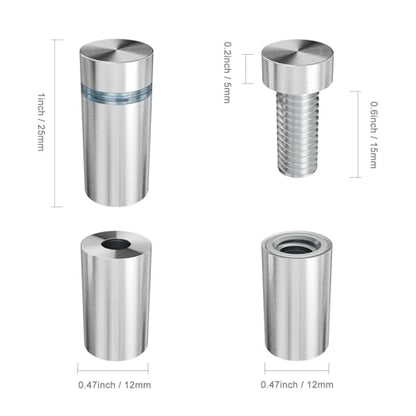 12-Pack Stainless Steel Standoff Screws with Wall Anchors & Rubber Pads – Sign Mounting Hardware for Acrylic Signs, Photo Frames, Advertising Boards, Silver(1/2" x 1" / 12mm x 25mm)