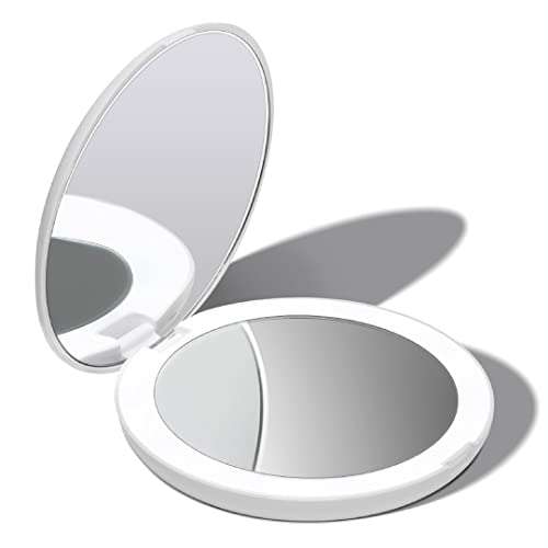 Fancii LED Lighted Travel Makeup Mirror, 1x/10x Magnification - Daylight LED, Compact, Portable, Large 5" Wide Illuminated Folding Mirror (Lumi) White