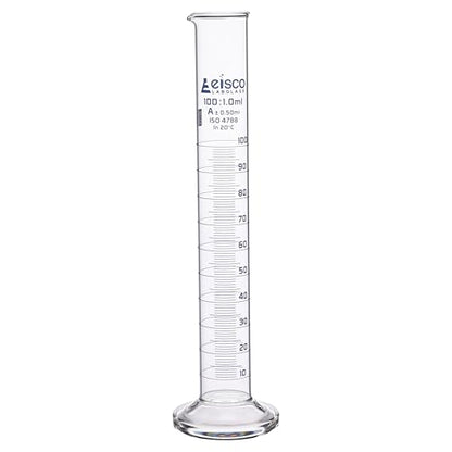 Graduated Cylinder, 100ml - Class A Tolerance ±0.50ml - Round Base - Blue Graduations - Borosilicate 3.3 Glass - Eisco Labs - size: 100mL