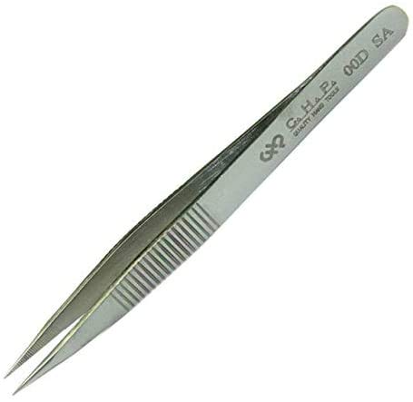 Hakko CHP 00D-SA Fine-Tip Tweezers, Straight, Serrated Fine-Point Tips, Non-Magnetic Stainless Steel, Corrosion-Resistant, Serrated Grip, 4-1/2" Length (5 Pack)
