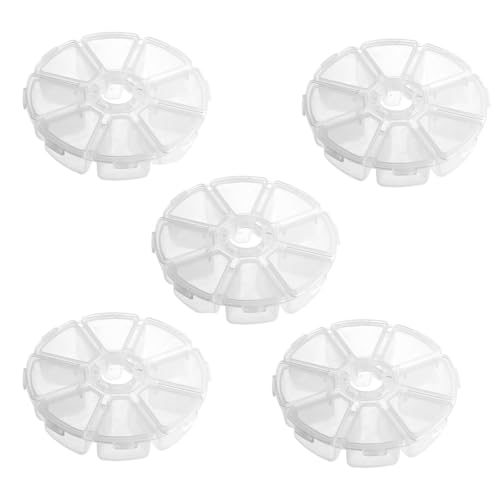 5Pcs Clear Plastic Round Jewelry Bead Storage Box Organizer - 8 Compartments Grid Display Container Case for DIY Crafts, Nail Art, Rings & Earrings (Flip Top, 10x2.5cm)