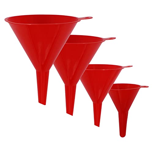 KongNai 4 Pieces Plastic Funnel Set for Kitchen and Automotive Use, Mini, Small, Medium and Large Funnel for Filling Bottles, Canning, Cooking, Lab or Car Oil Funnels (Red) - color: Red