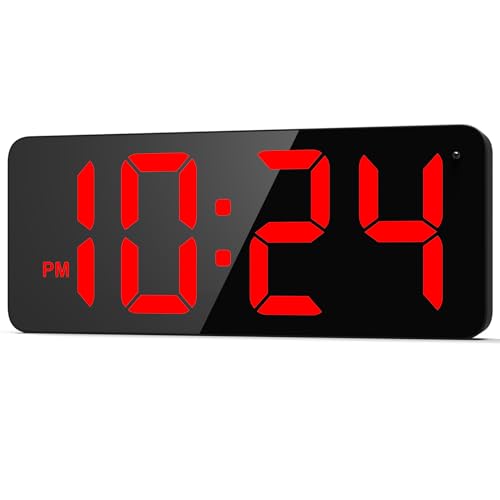 LED Digital Wall Clock with Large Display, Big Digits, Auto-Brightness, 12/24Hr Format, Modern Electric Small Silent Wall Clock for Living Room, Bedroom, Classroom, Farmhouse, Kitchen, Office - Red - color: Red