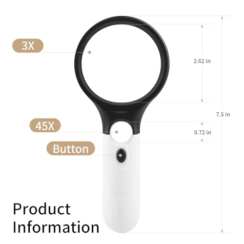 10X 45X Handheld Magnifying Glass Reading Magnifier with 3 Light