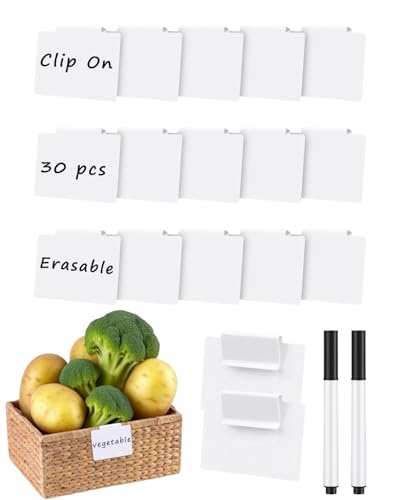 Basket Labels Clip On, 30 Pcs Erasable Clip On Labels for Storage Bins with 2 Chalk Marker (White Bin Clips)