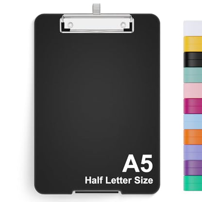 Hongri A5 Clipboard with Storage, Metal Retractable Pen Holder, Black - color: Black