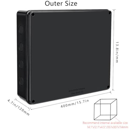 Outdoor Waterproof Box,Junction Box Reserved Holes IP65 ABS Plastic Electrical Boxes Power Cord Enclosure Project Box Black15.7 x 13.8 x 4.7 inch(400x350x120mm) - size: 15.7" x 13.8" x 4.7"