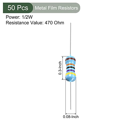 YOKIVE 50 PCS Metal Film Resistors, 470K Ohm Resistor with 1/2W 1% Tolerance, Lead, Good for DIY Electronic Projects (5 Color Bands, 9±1mm) - size: 9±1mm, style: 470K