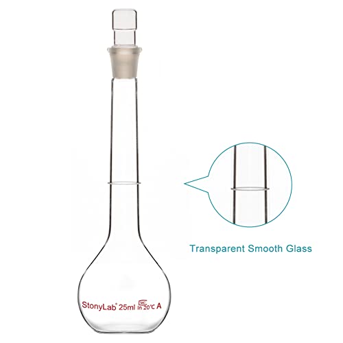 stonylab Glass Volumetric Flask Class A with Glass Stopper, Borosilicate Glass Heavy Wall Volumetric Flask Tolerance ±0.03 ml, 25 ml - size: 25 ml