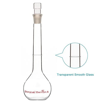 stonylab Glass Volumetric Flask Class A with Glass Stopper, Borosilicate Glass Heavy Wall Volumetric Flask Tolerance ±0.03 ml, 25 ml - size: 25 ml