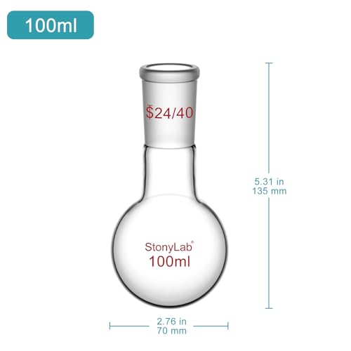 StonyLab Glass 100ml Heavy Wall Single Neck 1 Neck Round Bottom Flask RBF, with 24/40 Standard Taper Outer Joint – 100ml - size: 100 ml