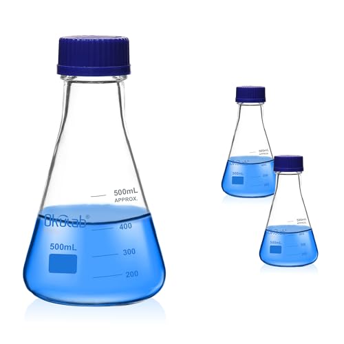 2pcs Erlenmeyer Flask Set with Blue Cap, 500ml Lab Erlenmeyer Flasks Glass Erlenmeyer Flasks, Borosilicate 3.3 Glass Material with Printed Graduation, EFG45G500A2 - style: 2 Pcs of 500ml