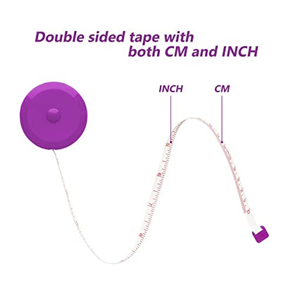 3 Pack Tape Measure Measuring Tape for Body Craft Weight Loss Measurements Retractable 60-inch 1.5 Meter, Small Push Button Dual Sided Tape Measure Body Measuring (Pink Purple Sky Blue)