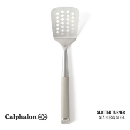 Calphalon Slotted Turner, Kitchen Flipping Spatula, Slotted Spatula, Stainless Steel Turner with Silicone Heat Resistance Handle, Nonstick-Safe Spatula for Draining and Flipping (Taupe) - color: Taupe I, size: Slotted Turner