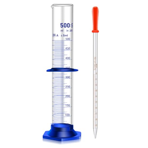 Thick Glass Graduated Cylinder Measuring Liquid Lab Cylinders with Anti-Falling Plastic Base and Bumper Guards and Glass Dropper (Glass, 500ML) - size: 500ML