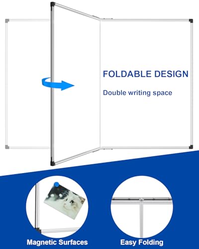 XBoard Magnetic Dry Erase Board 48 x 36 Inch, 4' x 3' Foldable White Board for Wall with Marker Tray, Silver Aluminum Frame Folding Message Presentation Board - size: 48"W x 36"H