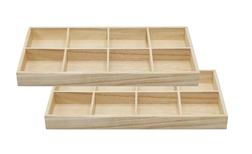 8 Section Wooden Trays – 14" × 7" Rectangular Organizers with 8 Compartments for Crafts, Drawer Tidying, Snacks, and Display | 2 Pack - size: 8 Section