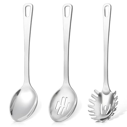 3 Pcs Stainless Steel Cooking Utensils Set, Heat Resistant Kitchen Utensils, Metal Kitchen Tools Include Solid & Slotted Spoon, Pasta Server, Ergonomic Handle, Dishwasher Safe, Easy to Clean, Silver - color: G. 3 Pieces