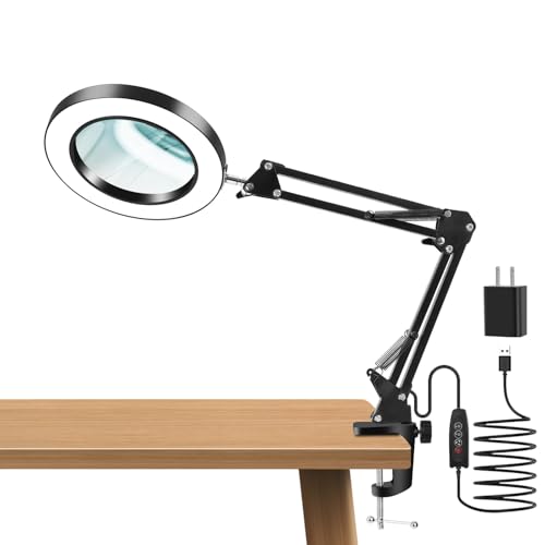 10X Magnifying Glass with Light and Clamp, Real Glass Lens, Adjustable Swing Arm, 3 Color Modes, Stepless Dimming LED Magnifying Lamp for Reading, Crafts, Soldering, Sewing & Close Work - style: Clamp【BASIC】