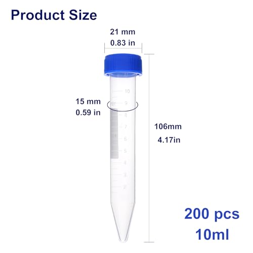 10mL Centrifuge Tubes,200 PCS Conical Tubes Sterile/2Bag Pack,Leak-Proof Screw Caps(Blue), Plastic Container with Write Marks, Non-pyrogenic, DNase/RNase Free - size: 10ml-Blue
