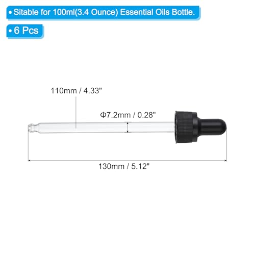 PATIKIL Glass Eye Dropper Caps, 6 Pcs Plastic Glass Dropper Closure Top for 100ml(3.4oz) Essential Oils Bottle, Perfume, Lab Experiments, Black - size: 100ml