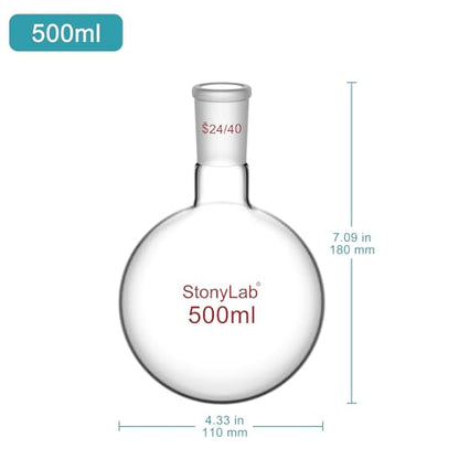 StonyLab Glass 500ml Heavy Wall Single Neck 1 Neck Round Bottom Flask RBF, with 24/40 Standard Taper Outer Joint – 500ml - size: 500 ml