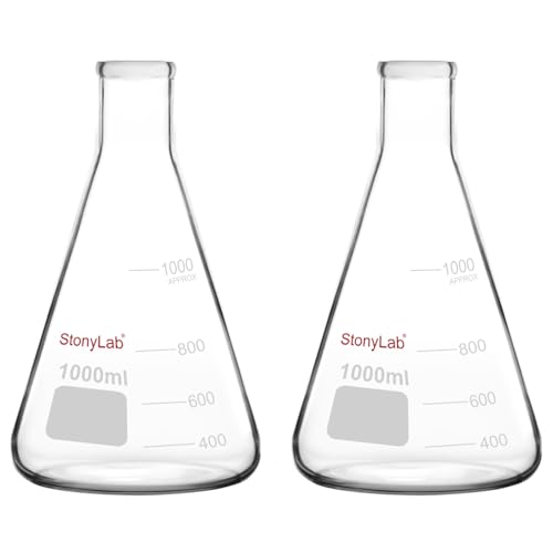 stonylab Erlenmeyer Flasks, 2 Pack 1000 ml Narrow Mouth Heavy Wall Borosilicate Glass Erlenmeyer Flask Laboratory Glassware - size: 1000 ml