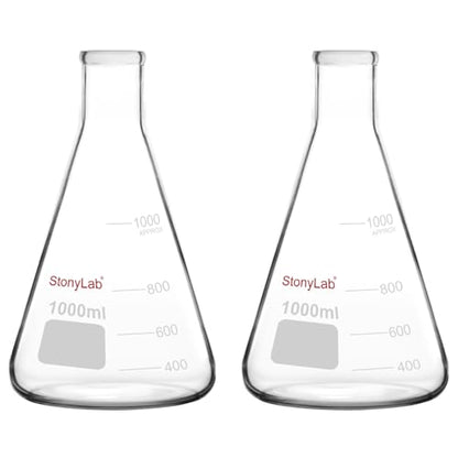 stonylab Erlenmeyer Flasks, 2 Pack 1000 ml Narrow Mouth Heavy Wall Borosilicate Glass Erlenmeyer Flask Laboratory Glassware - size: 1000 ml
