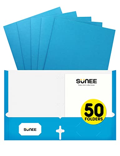 SUNEE Folders with Pockets 3 Hole Punched(50 Pack, Blue), 2 Pocket Folders Fit Letter Size Paper, Paper File Folder for School Office Home Bussiness - color: Blue