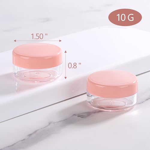 Refillable Cosmetic Sample Jars - 100 Pack 10g (0.35oz) Pink Small Travel Containers with Lids + 10 Mini Makeup Spatulas - BPA Free - color: Pink
