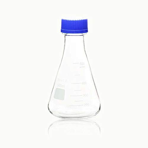 ULAB Scientific Erlenmeyer Flask with Blue Screw Cap, 17oz 500ml, 3.3 Borosilicate with Printed Graduation, Pack of 2, UEF1020 - style: Vol. 500ml, Pack of 2