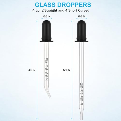 Eye Dropper 8 Pcs, 1mL Glass Liquids Pipette Dropper Tool with Measurement-Bent & Straight Tips, for Essential Oils Crafts Ear Lab Measuring Transferring Liquids Herain - size: Large Rubber Bulb-8pcs-Short Bent Long Straight