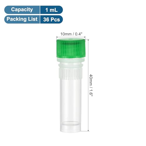 PATIKIL 1mL Plastic Cryogenic Vial, 36Pcs Cryogenic Storage Tube Lab Frozen Test Tube Container Storage Screw Cap for Lab Laboratory Science, Green Clear - color: Green, size: 1mL