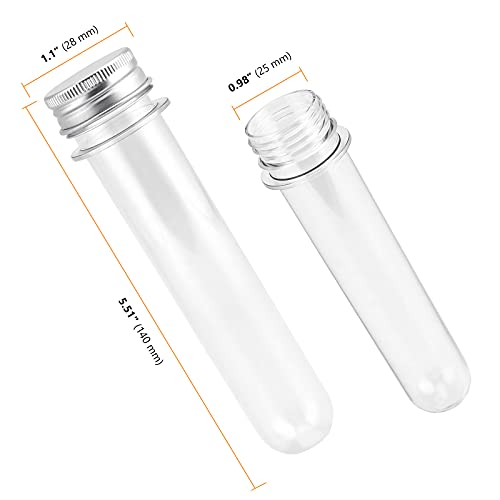 SEUNMUK 60 PCS 40ml Clear Plastic Test Tubes with Caps, 140 x 25 mm Clear Bath Salt Tubes, Test Tubes for Plants, Scientific Experiments, Candy Storage, Powders, Spices - color: Silver Caps
